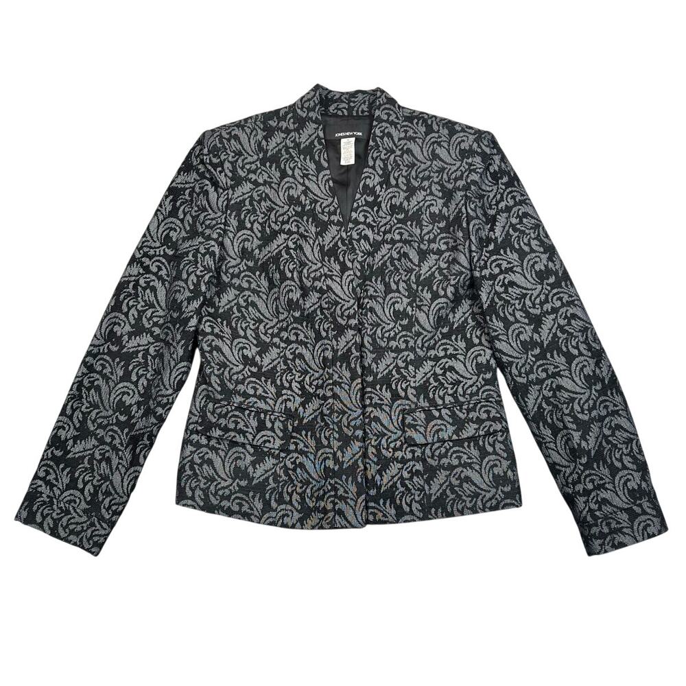 NWT Jones New York Y2K Black Gray Brocade Cropped Blazer Jacket - 10